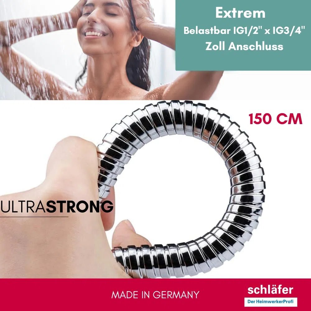 Schläfer 808492 | Tubo Doccia Flessibile 1.5 metri, Universale in Acciaio a Doppia aggraffatura, Connettori Attacco Standardad G 1/2" x 3/4" ad Alta Pressione, Resistente alte temperature, Cromo