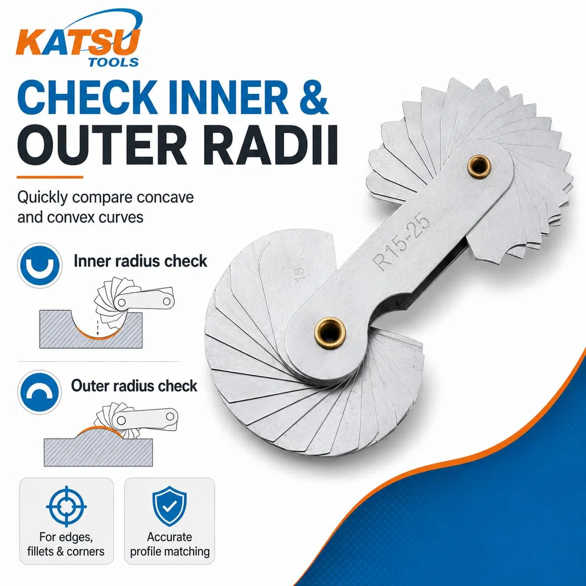 KATSU Set di misuratori di raggio 6 Pezzi R0.3-1.5 / R1-6.5 / R7-14.5 / R15-25 / R25-50 / R52-100 misuratori di filetti di raggio in metallo Strumento di misura portatile concavo convesso