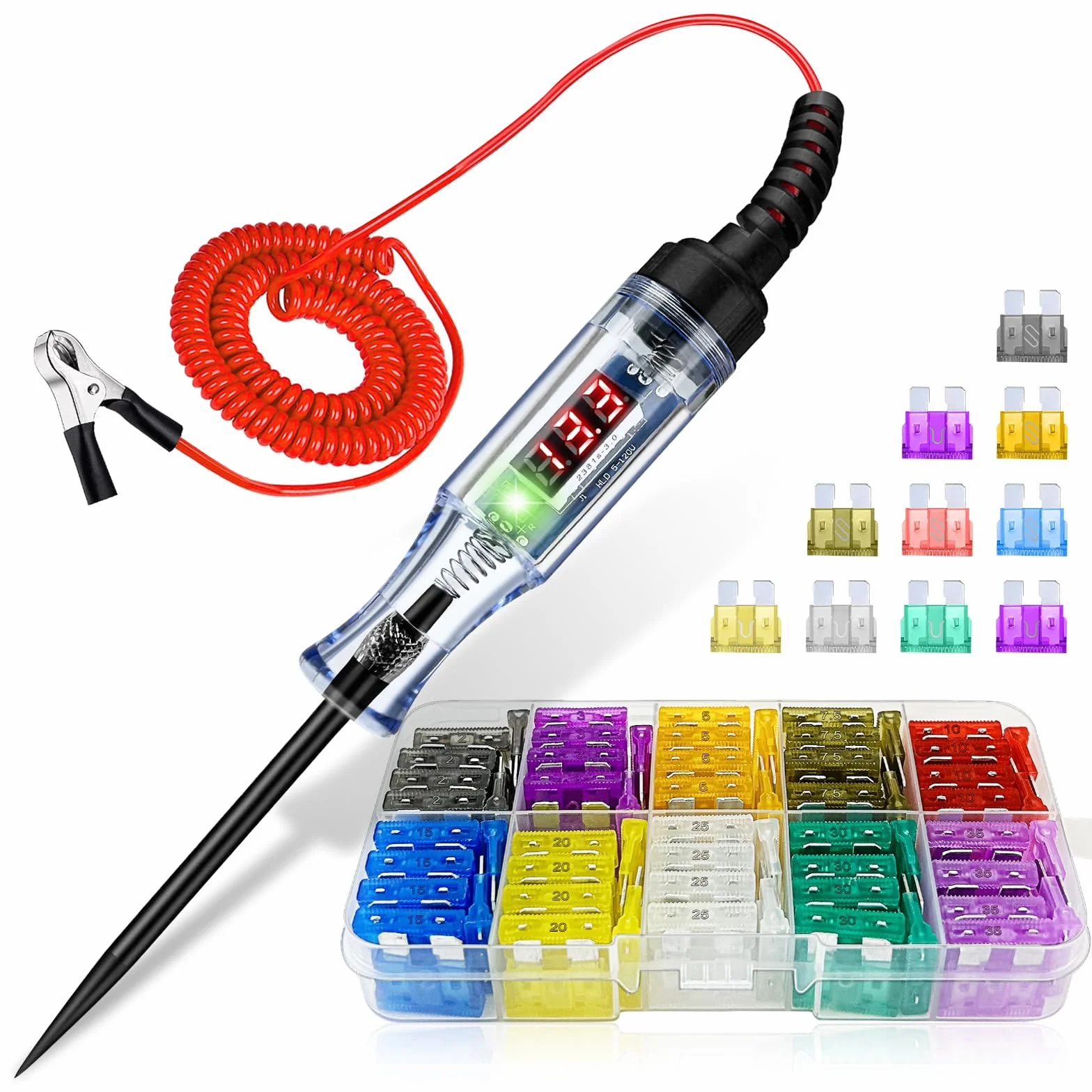 Fusibili Tester per Circuiti Auto, 2,5-32 V Tester per Circuiti Elettrici con Display Digitale a LED, 10 Tipi di Fusibili per Auto per Circuiti, Interruttori