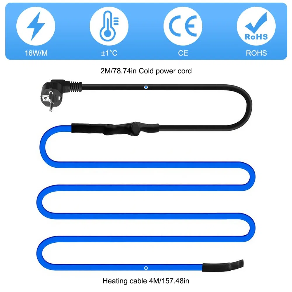 Cavo Riscaldante Antigelo, 4M 230V Cavo Scaldante con Termostato, 25W/M Filo Riscaldante per Protezione di Tubi Dell'acqua, Tubi di Casa In Metallo/Plastica