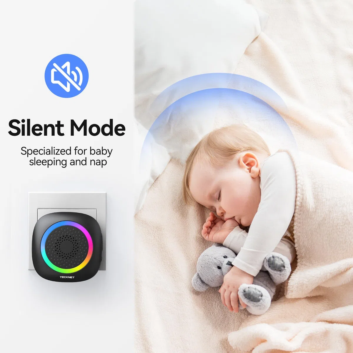 TECKNET Campanello senza fili, campanello a scatto con luce RGB, kit di campanello per porta wireless portatile impermeabile IP66, portata wireless 400 m, 60 campanelli e volume a 5 livelli (nero)