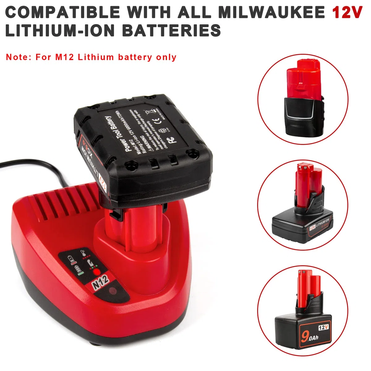 ASUNCELL M12 Caricabatterie per Milwaukee Batterie 48-11-2401, 48-11-2402, 48-11-2420, 48-11-2430, 48-11-2440, 48-11-2460, 48-40, 40, 48-10, 48-1111111111111111 11 11 -24 11, 48-11-2412