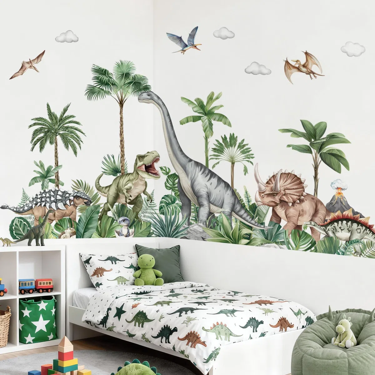 decalmile Adesivi Murali Dinosauro Grande Adesivi da Parete Dino Tropicali Palme Piante Decorazione Murale Asilo Nido Camerette Bambini Camera da Letto