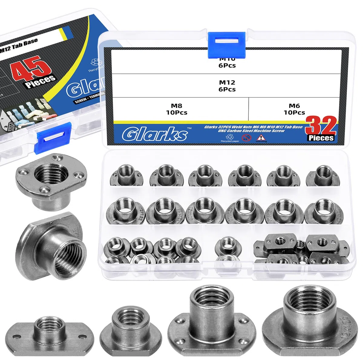 Glarks Set di 32 dadi per saldatura, M6, M8, M10, M12, base a linguetta, UNC, in acciaio al carbonio, viti a T, 2 proiezioni, 4 proiezioni, per mobili, veicoli, macchine per l'industria delle ruote