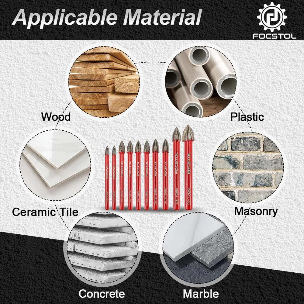 FOCSTOL Set Punte Trapano a Secco - 10 pezzi Set Punte in Carburo con Gambo Tondo per Legno Plastica Muratura Ceramica Piastrelle Cemento Marmo (5 * 2/6 * 4/8 * 2/10/12mm)