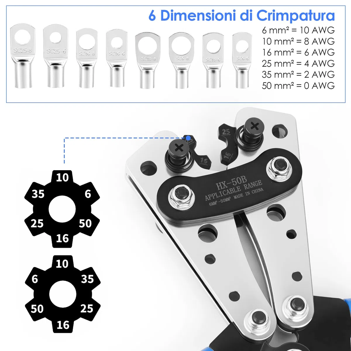 ZWOOS Pinza Crimpatrice Capicorda, Capicorda Elettrici a Crimpare da 6/10/16/25/35/50 mm², In Rame, Piegatore Resistente per Capicorda (Hx50b)