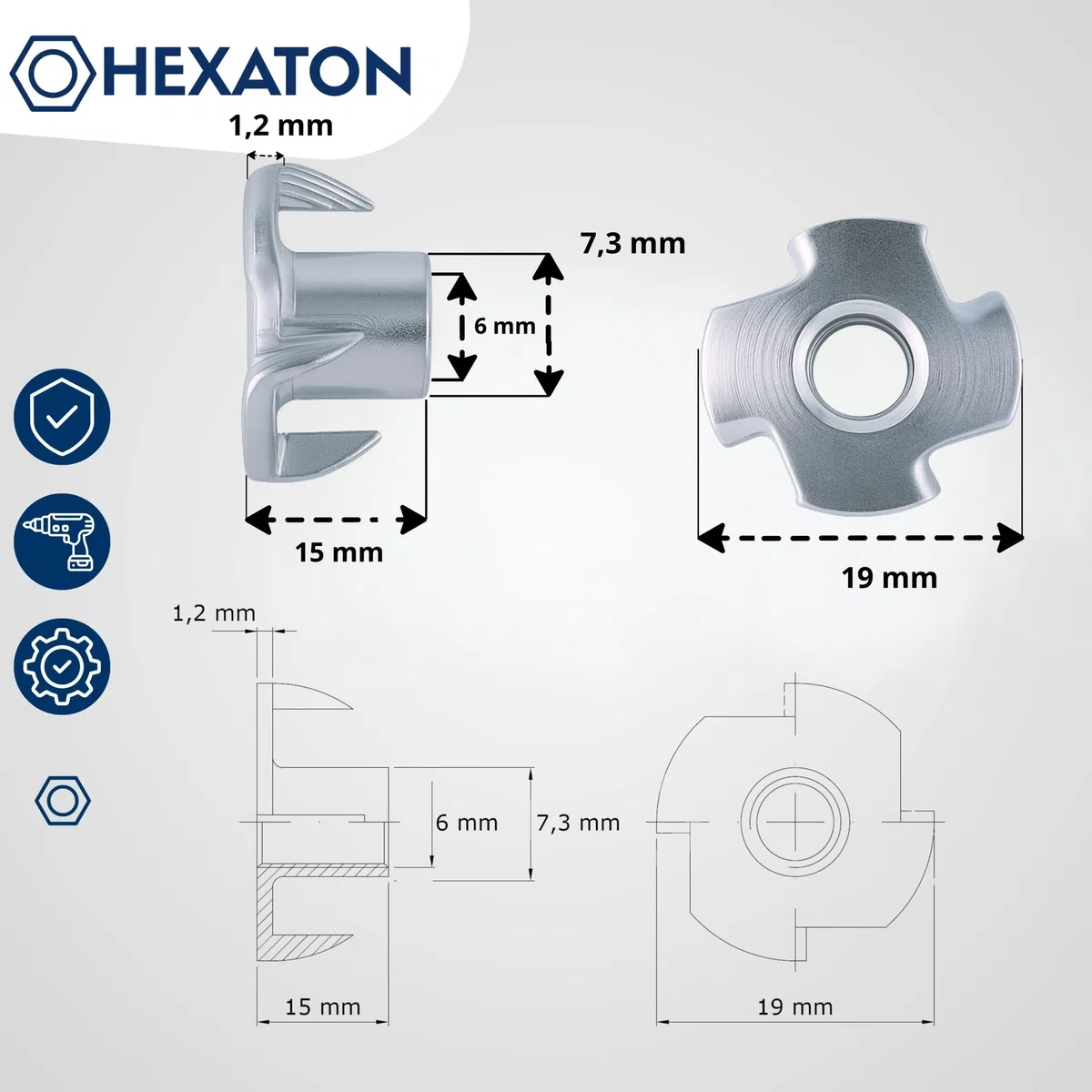 HEXATON Dadi a Griffe M6 x 15 mm - 100 Pezzi - Acciaio Zincato - Dadi a T con 4 Griffe per Legno Falegnameria e Montaggio Mobili