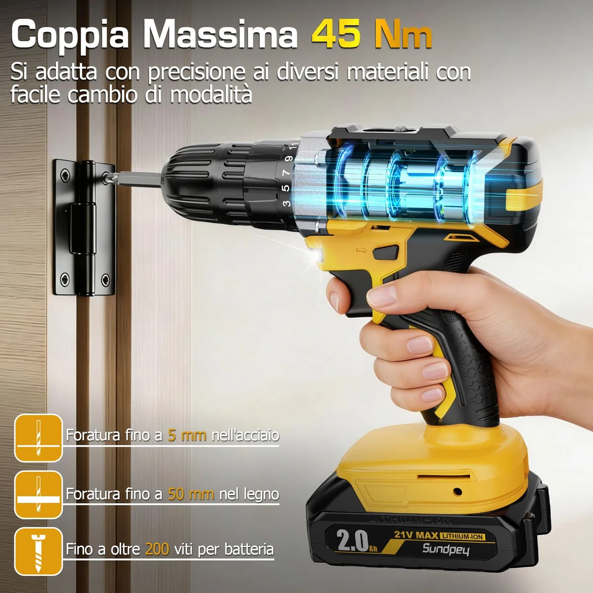 Avvitatore a Batteria 2000mAh - 21V Trapano Avvitatore Batteria 45Nm Max, Compatibile con Batteria Ma-kita 18V, 25+1 Coppia, 10mm Mandrino, Luce LED, 2 Velocita Avvitatore Elettrico, Fai da te