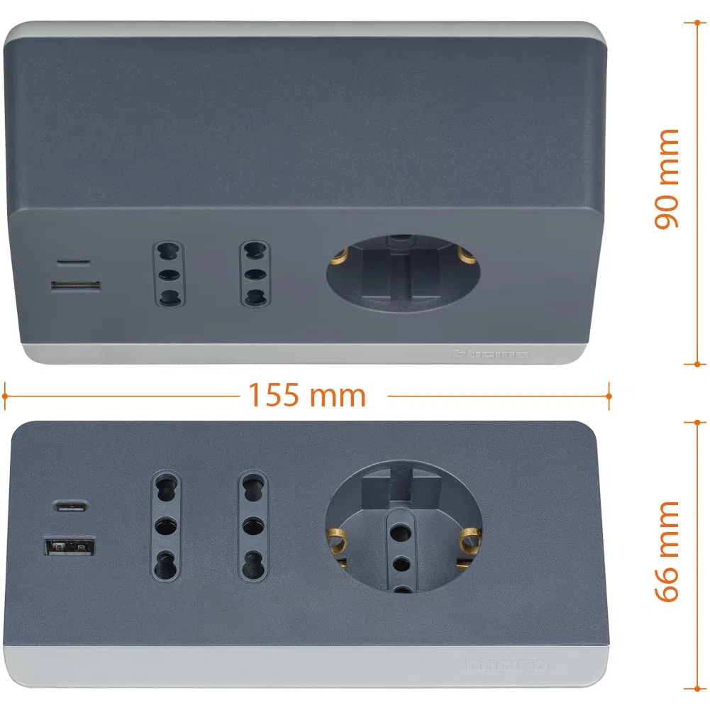 BTICINO Ciabatta Multipresa Elettrica 5 Posti, 2 Prese USB 3A, 1 Polivalente Schuko 10/16A e 2 Bipasso 10/16A, Multipresa da Scrivania con Interruttore e Cavo 2m Spina 16A, Robusta e Funzionale, Nero