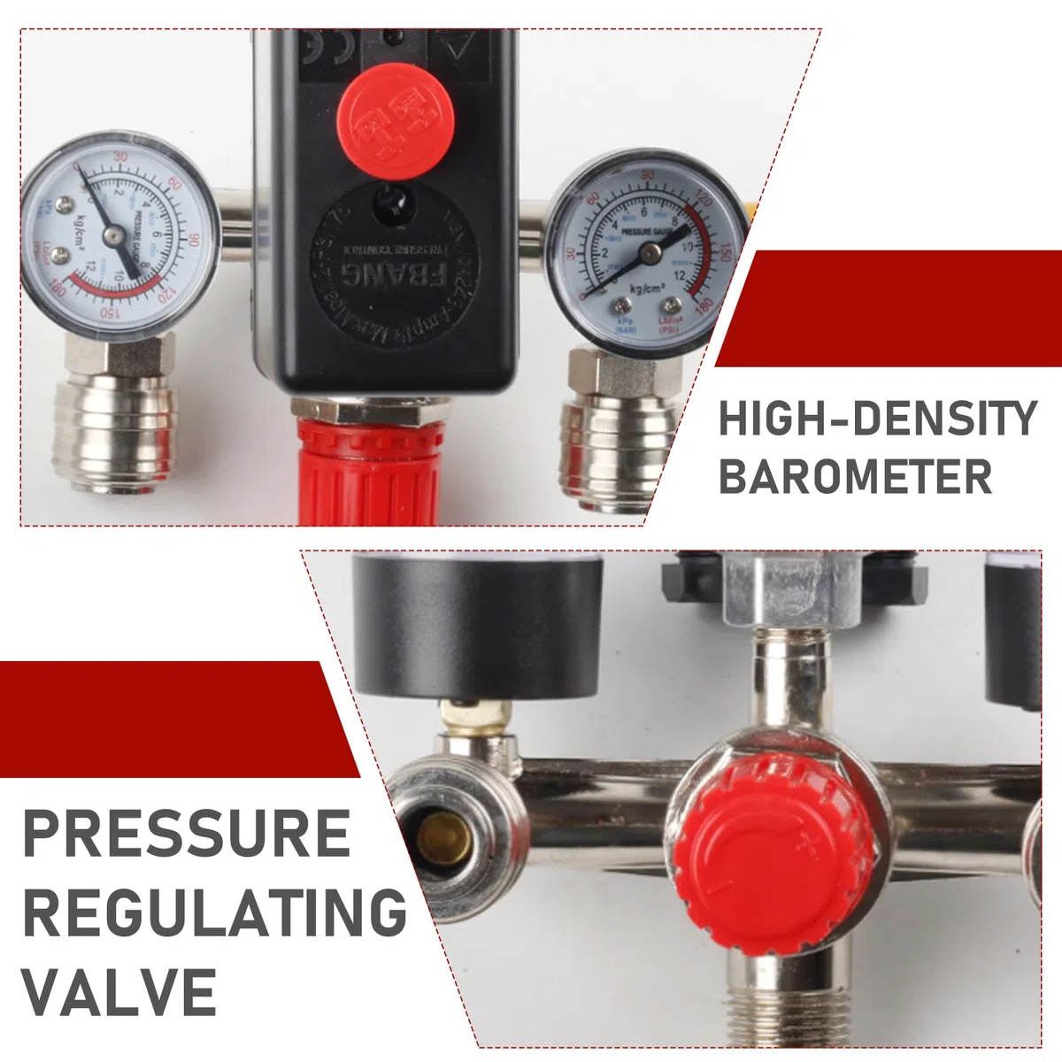 Regolatore di pressione Compressore 220V con pressostato, 2 manometri, valvola di sicurezza e 2 giunti, compressore d'aria riduttore di pressione con filettatura esterna da 1/2', pezzo di ricambio per