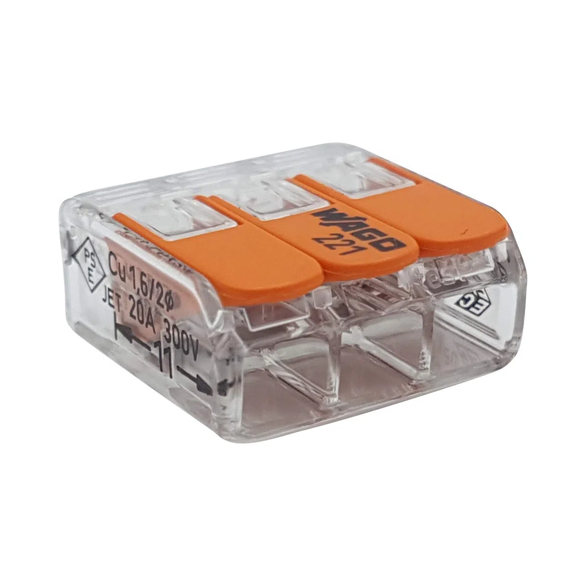 WAGO Terminale plug in 3 vie con cavo per rigid (0,2 – 4 mm²) e cavi flessibili (0,14 – 4 mm²) per aprire again, trasparente/arancione, contenuti: 50 pezzi