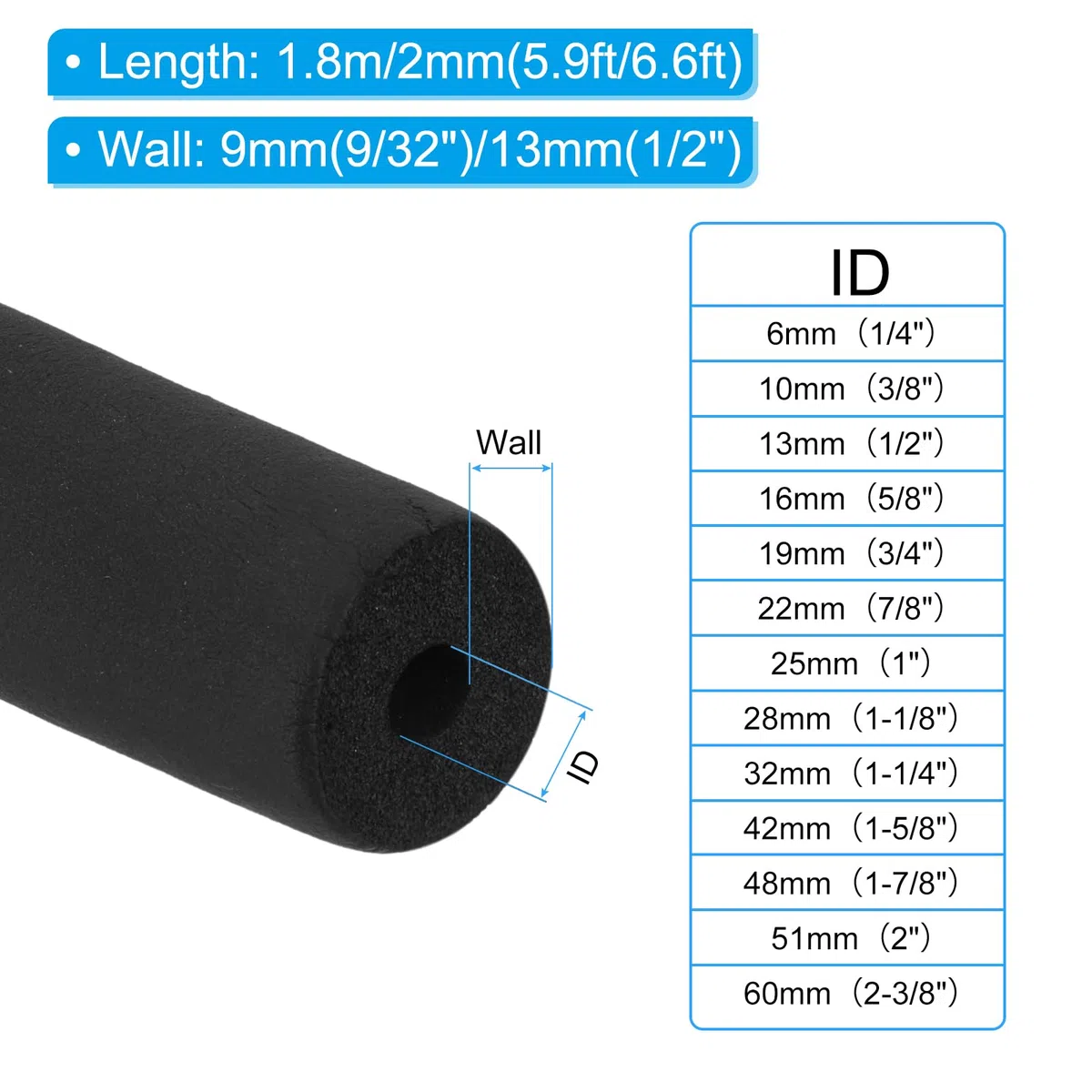 PATIKIL 1/4"(6mm) ID x 6Ft Tubo Isolante Schiuma Condotto Custodia Involucro Rotolo Barra Imbottitura Tubi con Involucro per Maniglia HVAC Aria Condizionatore