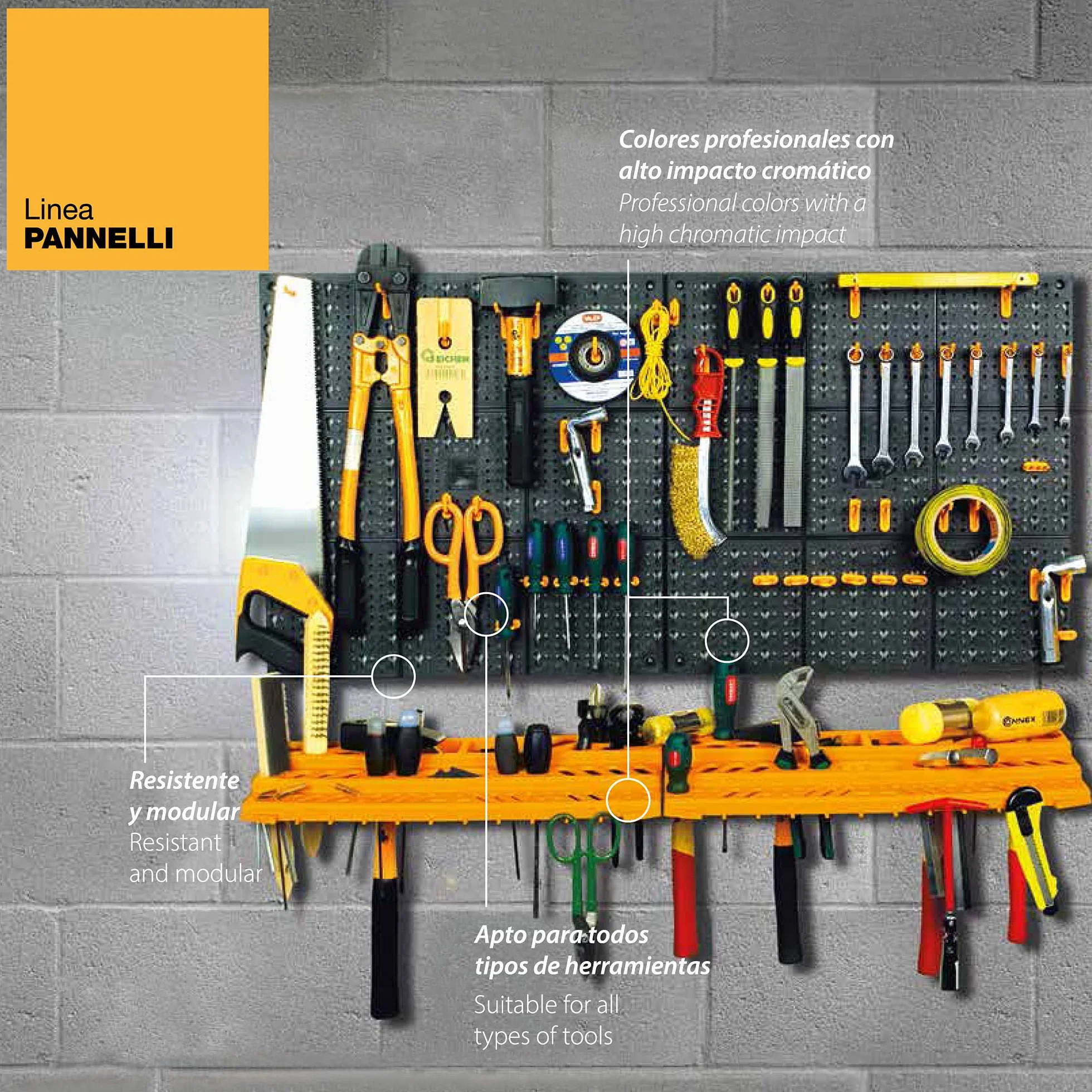 Art Plast Kit due pannelli per attrezzi 50x50 cm completi di due mensole e 50 ganci assortiti, in plastica, nero/arancione