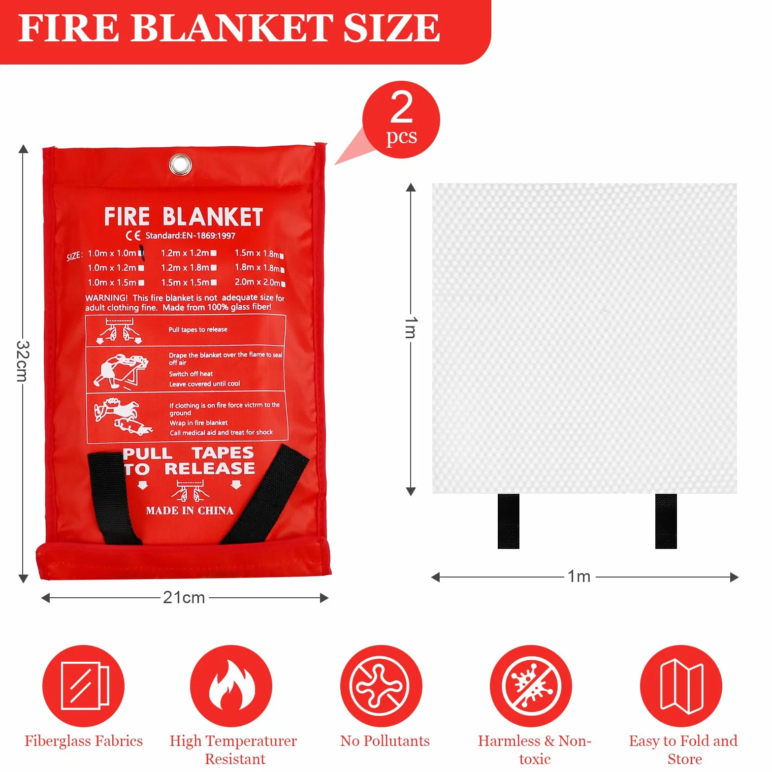 2 Pezzi Coperta Antincendio per Cucina Casa Emergenza 1m x 1m, Coperta Antincendio in Fibra di vetro, Antifiamma Coperta di Sicurezza Ignifuga per Cucina, Camino, Barbecue, Auto, Campeggio