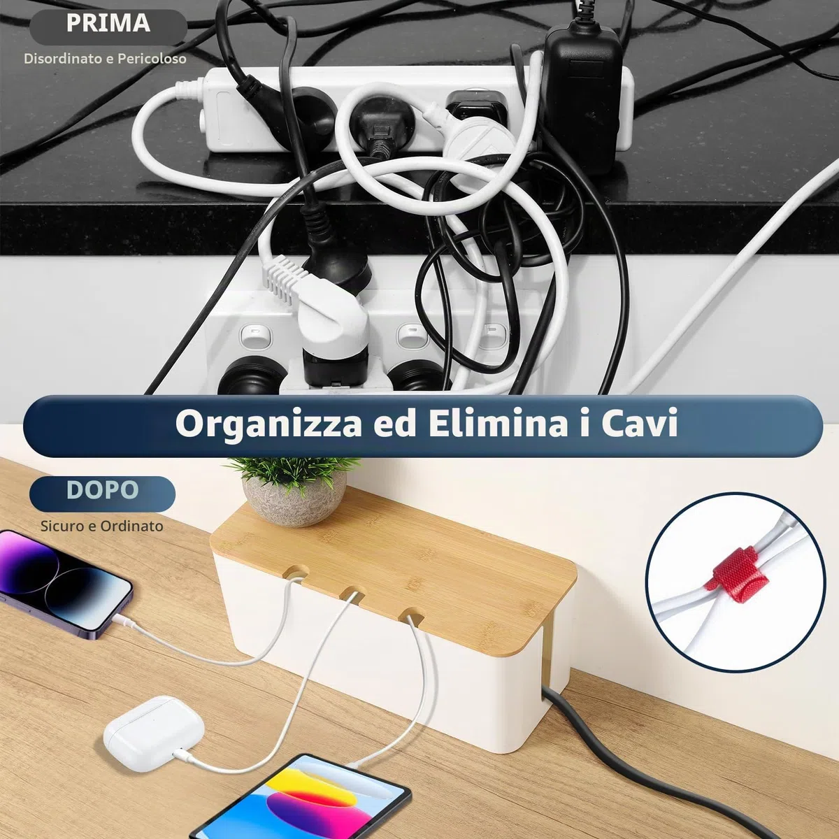 Scatola Porta Cavi, Set di 3 Scatole Nascondi Cavi con Coperchio in Legno, Scatola Cavi Organizer con 20 Fascette per Nascondere e Organizzare i Cavi, Grandi, Medie e Piccole