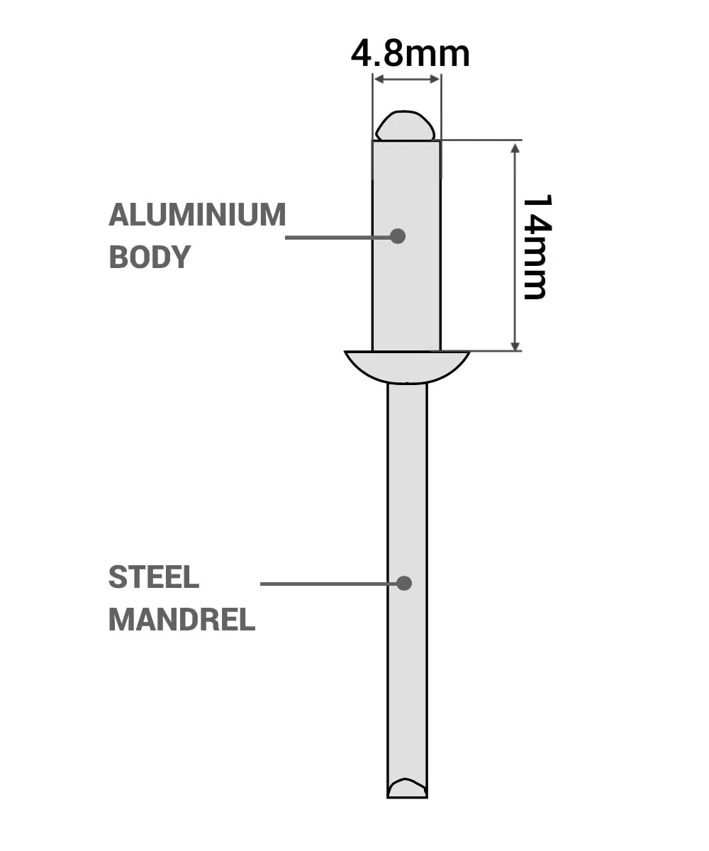Confezione da 250 rivetti ciechi 4,8 x 14 mm, testa a cupola tipo aperto, DIN 7337, rivetti in alluminio e mandrino in acciaio, rivetti pop (250, 4,8 x 14 mm)
