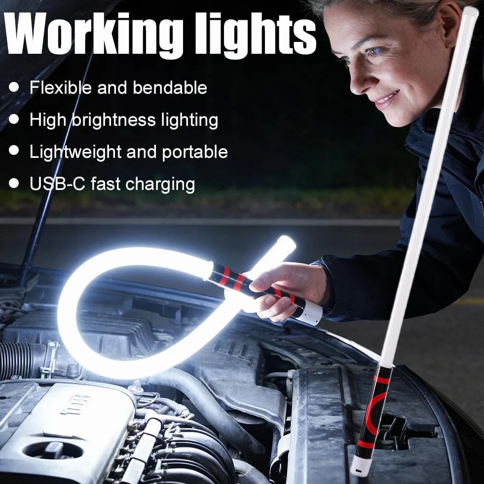Bastone flessibile a LED da 76,2 cm, 2026 NUOVA luce da lavoro pieghevole super luminosa con 3 modalità, torcia LED ricaricabile a mani libere per spazi ristretti, riparazione automatica, ispezione