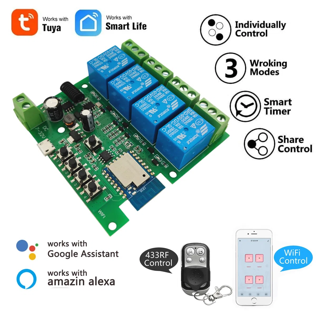 Interruttore intelligente WiFi 4 canali modulo relè momentaneo/autobloccante/interbloccante Telecomando App Tuya Smart Life con telecomando RF a 433 MHz Compatibile con Alexa Google Assiatant