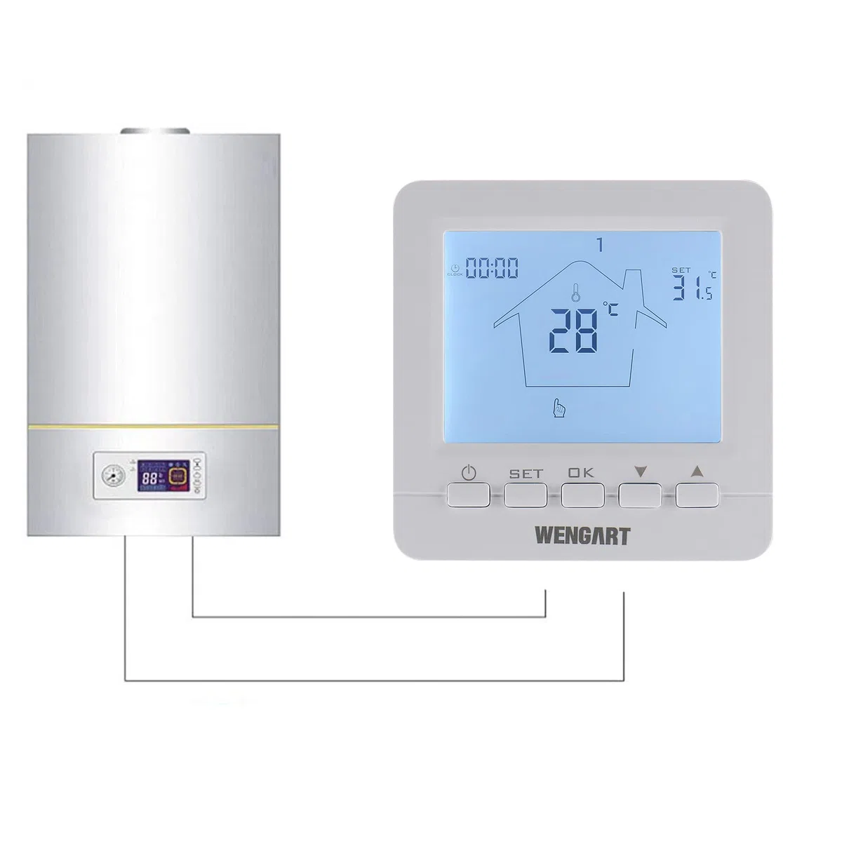 Wengart Cronotermostato Digitale Programmabile per Caldaia a Gas e Camino, Alimentato a Batteria, Contatto Pulito COM-NO-NC, Ampio Display LCD Retroilluminato, Bianco, WG02B05BW