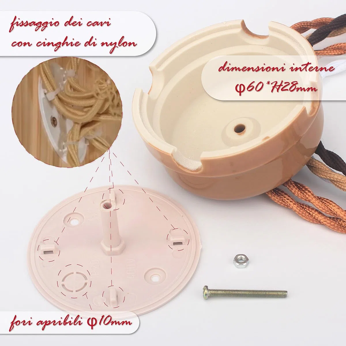 Kit [Scatola di distribuzione in porcellana] + [12 isolatori Porcellana] per Impianti a 4 fori per entrata/uscita del cavo. Copri cavi e copri fili in ceramica, Bronzo lucido, Ø 78mm Prof.35mm