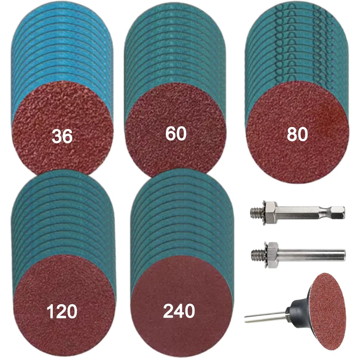 Set di 60 pezzi di carta vetrata in , dischi da 2 pollici (50 mm) rotondi, cambio rapido, grana 36/60/80/120/240 con 1/4 dischi, supporto per lucidatura, finitura, rimozione della ruggine, metallo