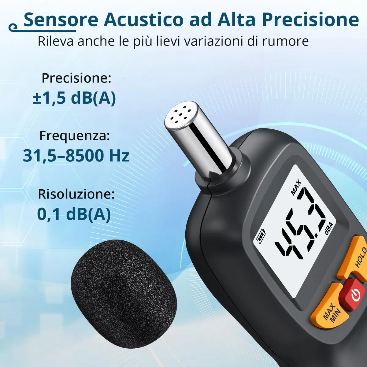 Fonometro Digitale Portatile 30-130dB (A) con LCD Retroilluminato | Misuratore di Livello Sonoro Ponderato A con Precisione ±1,5dB , Funzione MAX/MIN e Data Hold per Ufficio, Fabbrica, Cantieri
