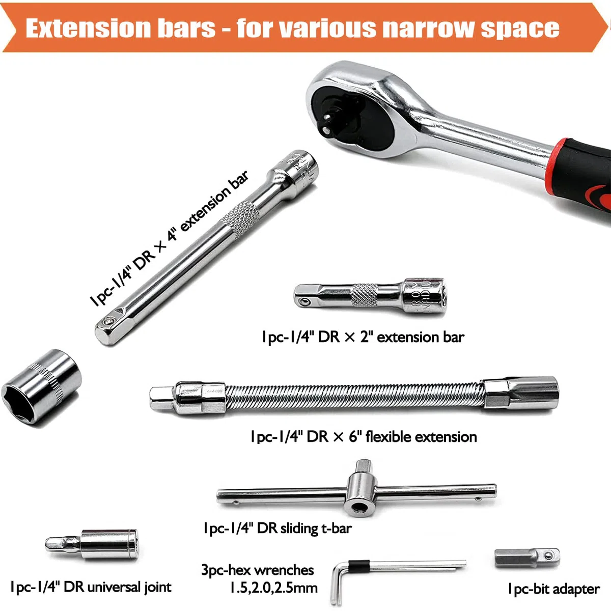 46 Pezzi Set di Chiavi a Bussola con Cricchetto 1/4" Cromo Vanadio Cr-V per auto fai da te Punte PH e PZ