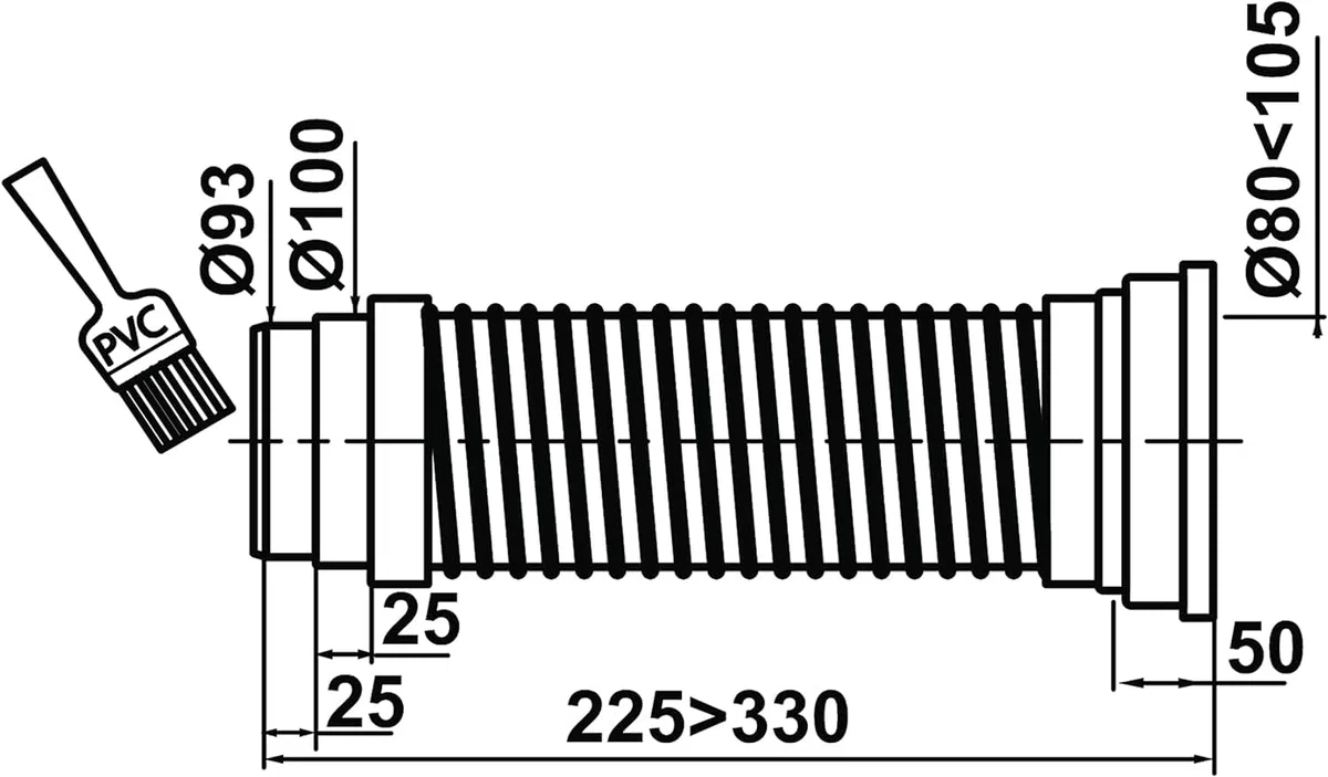 Wirquin 71070201 Tubo flessibile, ULTRACORTO, Collegamento tubazione Ø 93 e diam. 100 mm; Lunghezza: 360 - 560 mm; Diametro Uscita: Ø 80 a Ø 105 cm, Bianco