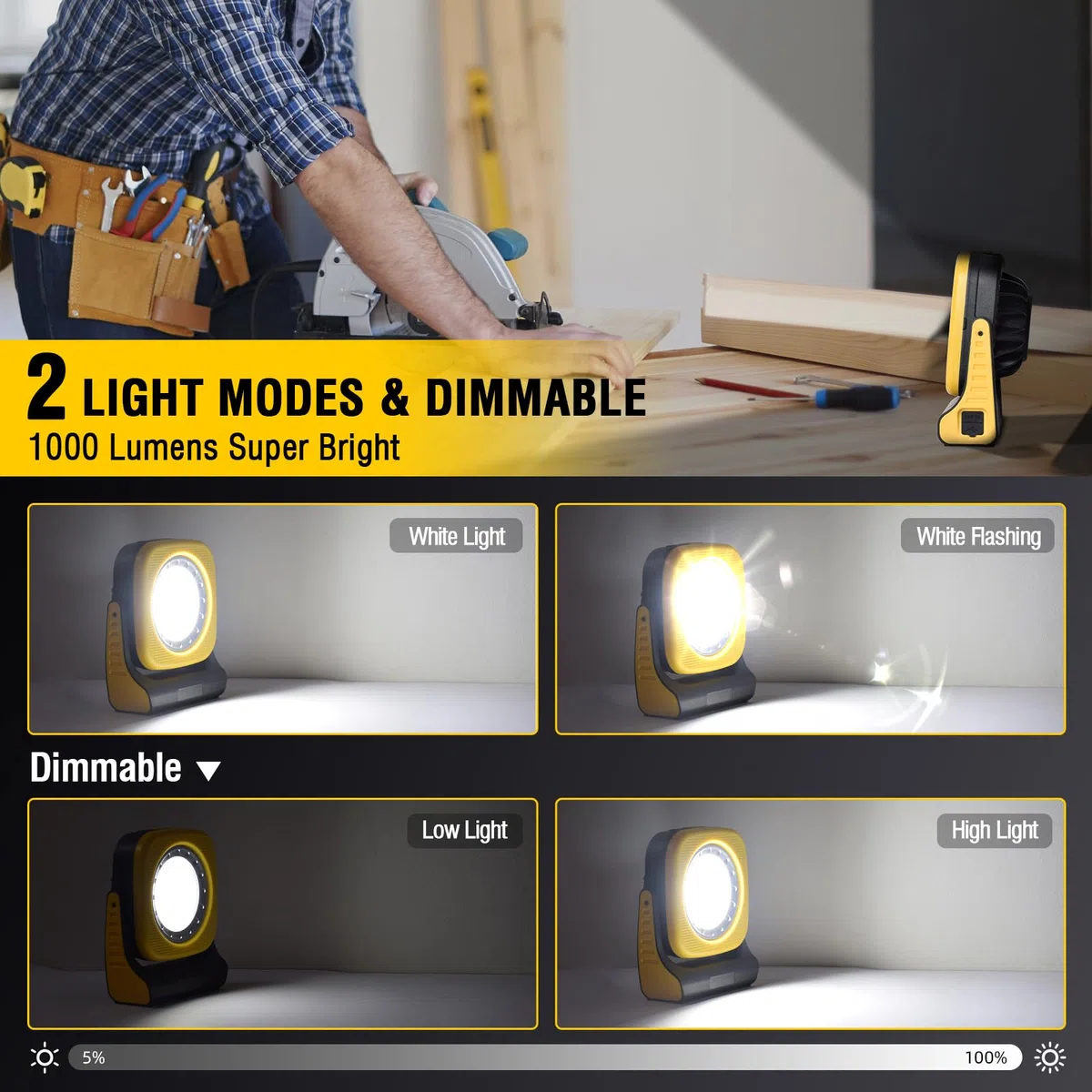 Lampada da Lavoro a LED Ricaricabile con Magnetico,Lunga Autonomia | 2 modalità, orientabile, 5000 mAh, 1000 LM, impermeabile, ideale per officine, riparazioni auto e cantieri