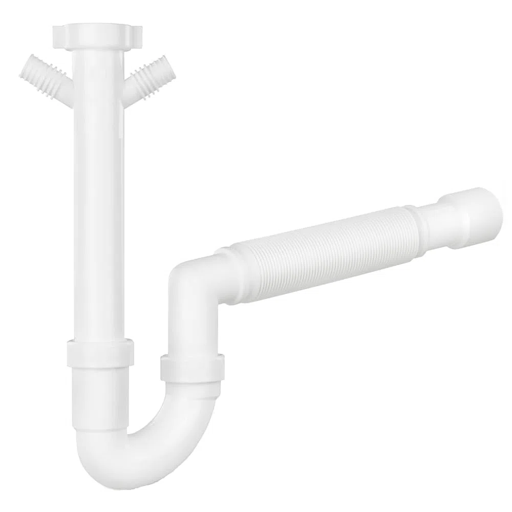 Schläfer 439305 | Sifone Universale con tubo flessibile Raccordo 1"1/2, Doppio Attacco per Lavastoviglie o Lavatrice, Connessione Usciata a Parete Diam. 40/50mm, Scarico Autopulente. Bianco