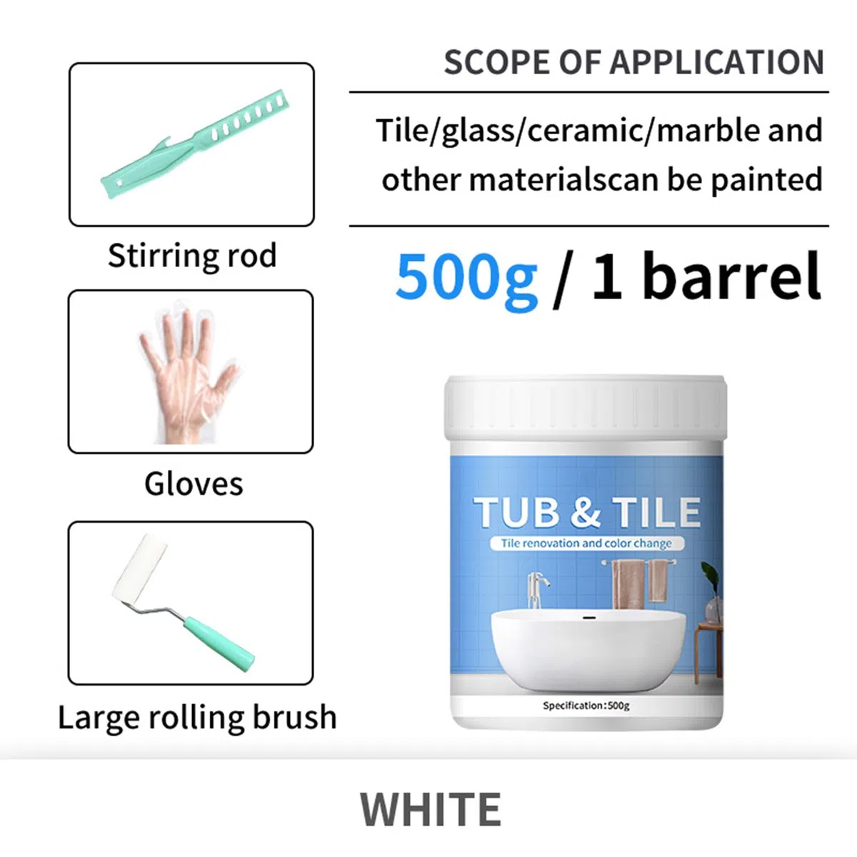 Vernice da bagno bianca lucida, kit di riparazione per vasca da bagno, vernice smaltata da bagno, 500 g, formula ad asciugatura rapida per piastrelle, metallo, doccia, lavandino, mobili, scheggiature