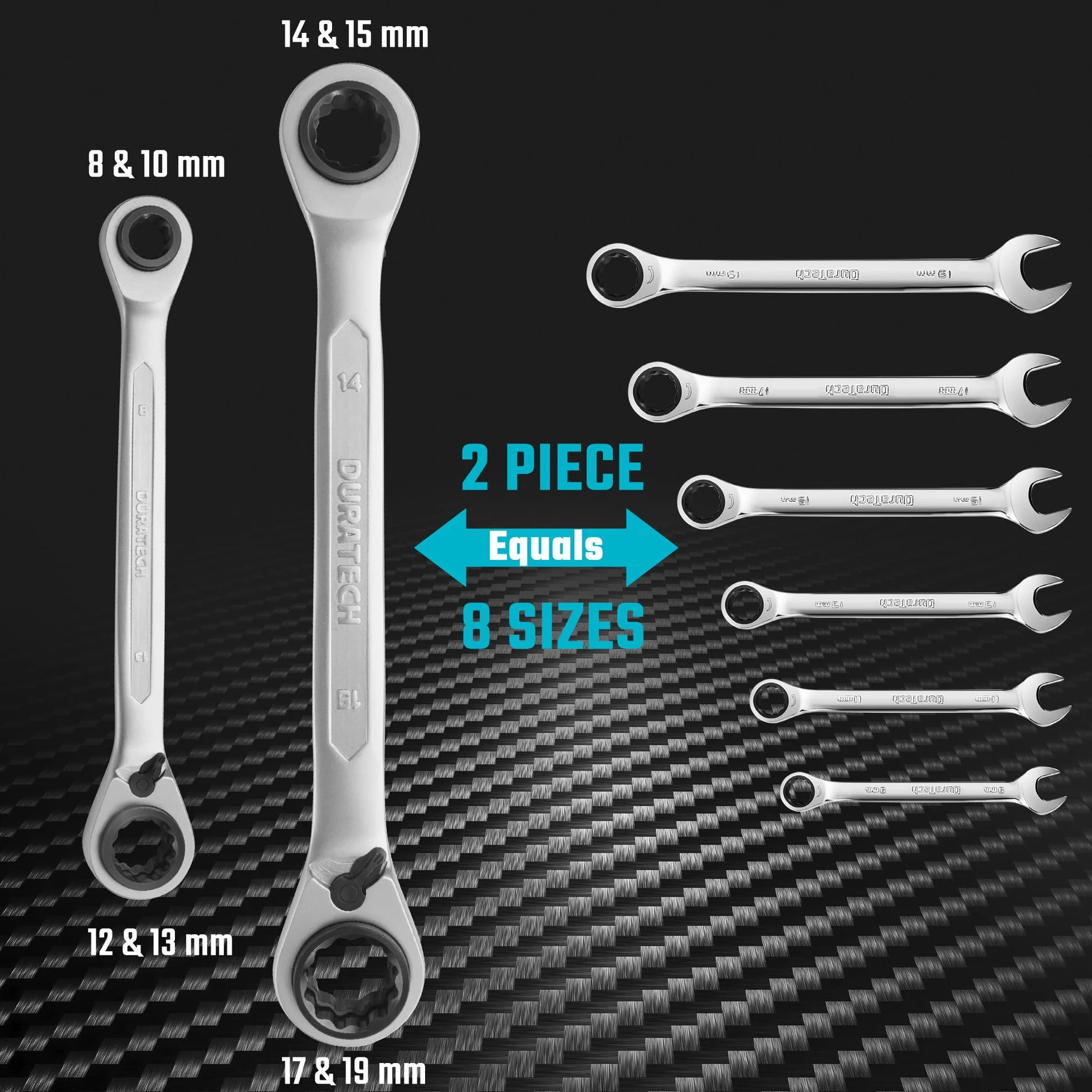 Duratech Set di 2 chiavi a cricchetto reversibile 4 in 1, 8 - 19 mm, chiavi a cricchetto a doppio anello metriche, 72 denti, in acciaio al cromo vanadio, con astuccio arrotolabile