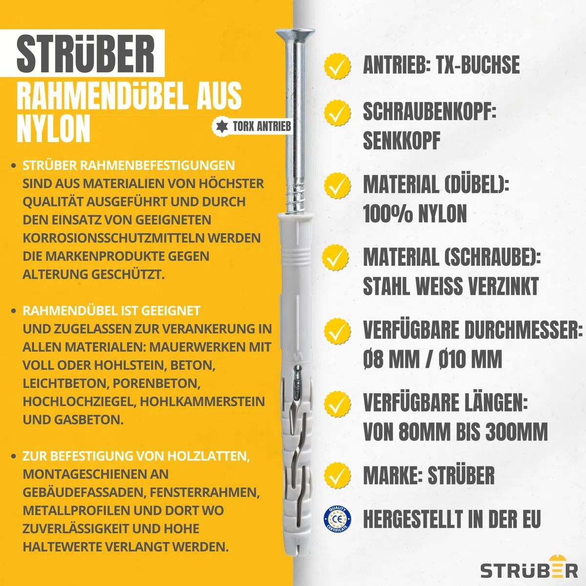 STRÜBER Tasselli per telaio con vite Torx a testa svasata (8x80 mm / 100 pezzi) - Fissaggio in nylon per telai di finestre e porte - Certificazione ETA