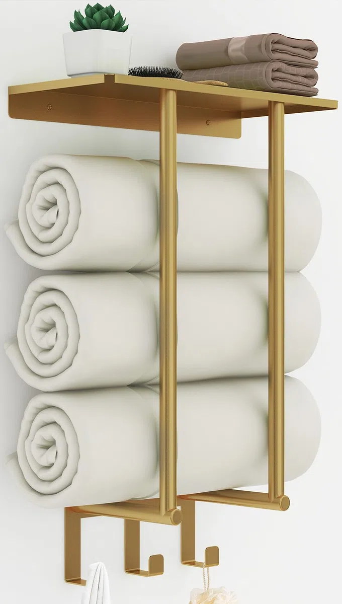 Mensola Porta Asciugamani Bagno da Parete 50 cm BETHOM Oro Porta Salviette Bagno con Ripiano Acciaio Inossidabile Organizer Portaasciugamano per Asciugamani 3 Arrotolati