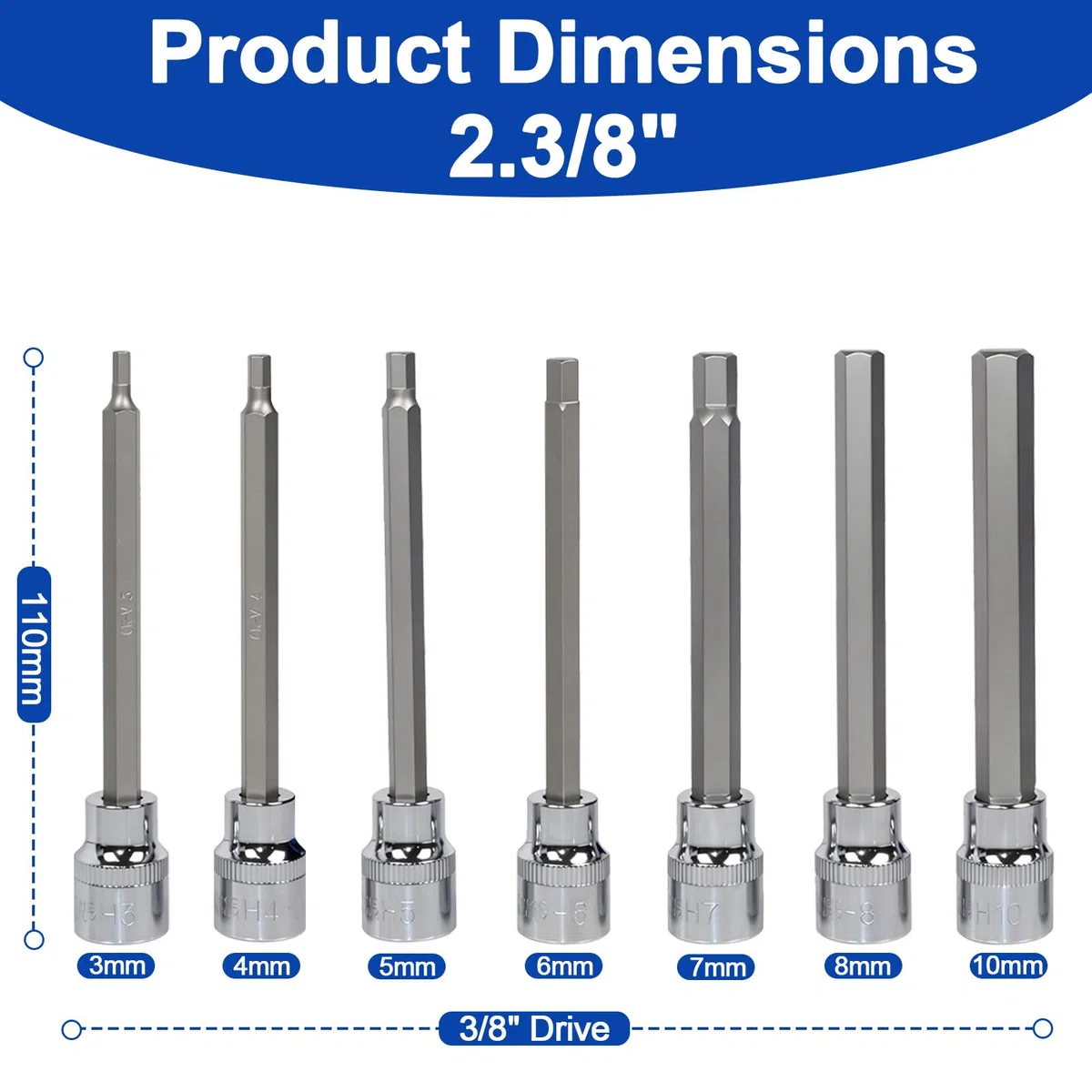 Set di chiavi a bussola lunghe 3/8", set di chiavi a bussola esagonali interne, set di chiavi a brugola H3 H4 H5 H6 H7 H8 H10| L 110 mm| Acciaio CV