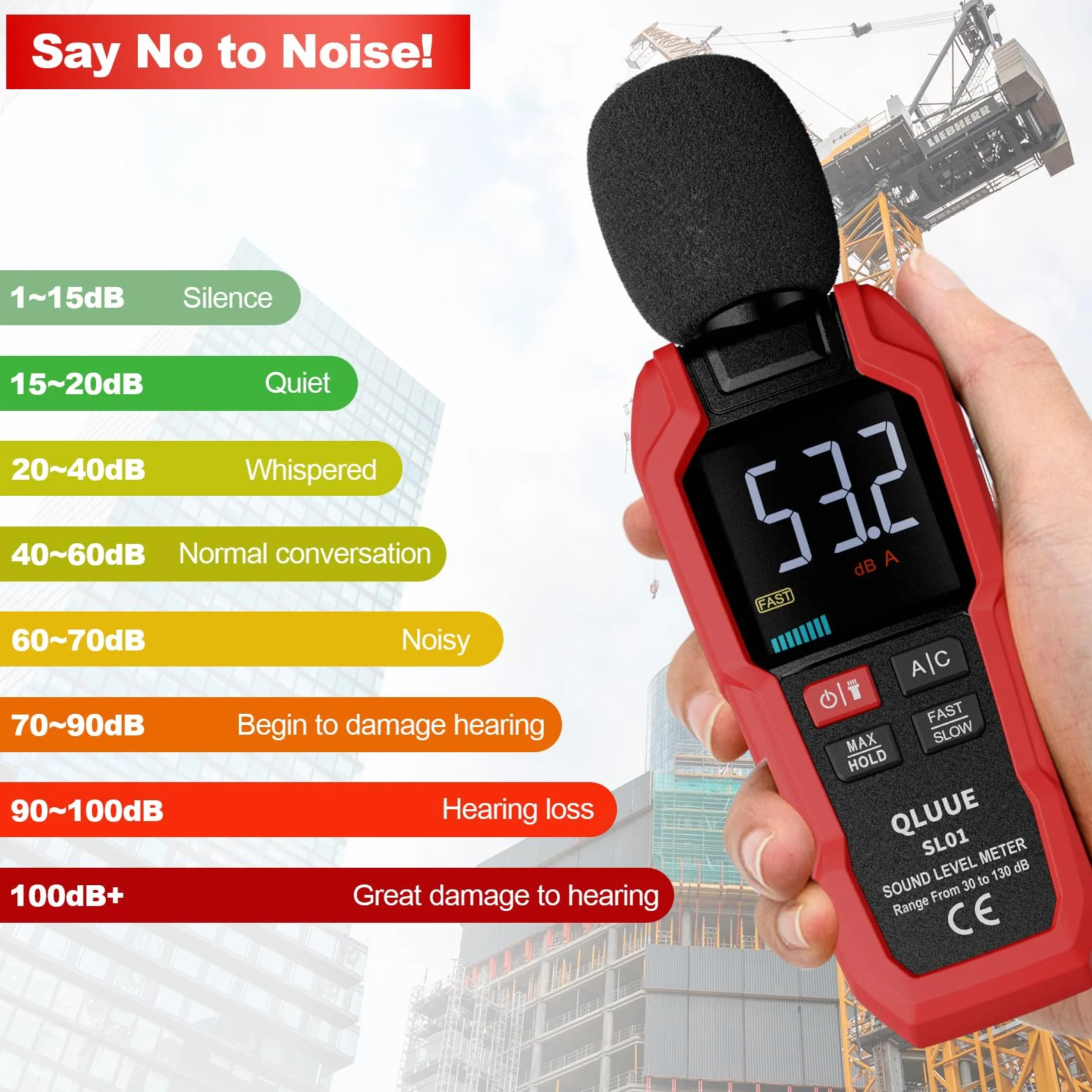 Misuratore di livello sonoro, coltello decibel digitale portatile, da 30 dB a 130 dB, display LCD ponderato A/C, può essere utilizzato a casa, in fabbrica e su strada