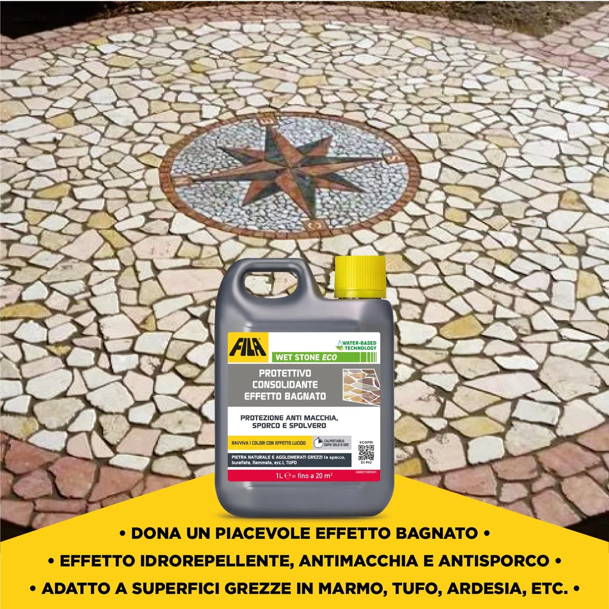 FILA Surface Care Solutions, WET STONE ECO, Protettivo Pietra Naturale Tonalizzante ad Effetto Bagnato, Idrorepellente per Pietra, Antimacchia e Antisporco, Adatto al Pavimento Esterno ed Interno, 1L