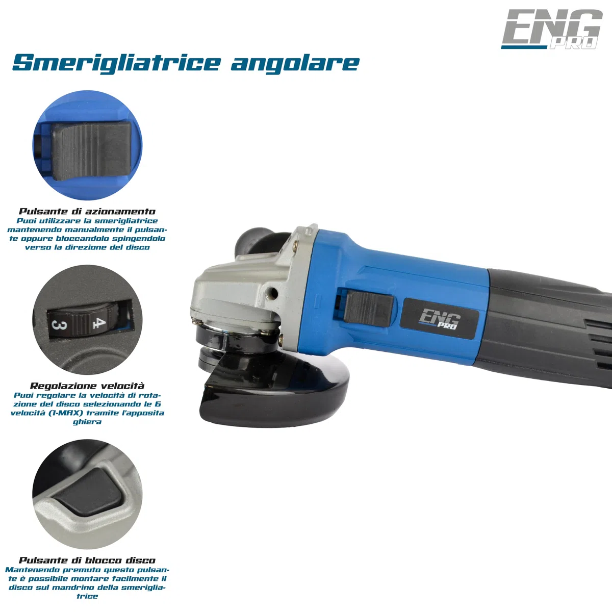 ENG PRO Smerigliatrice Angolare Elettrica con Disco da 125 mm potenza 800 WATT Impugnatura aggiuntiva, professionale, velocità 11000 r.p.m - UM ET SA12
