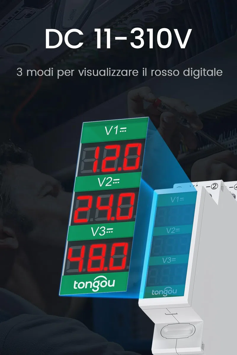 TONGOU Voltmetro Barra Din DC 11-310V, Guida DIN Digitale Voltmetro 3 Visualizzazioni Rosse, Digitale Contatore Misuratore di Tensione LCD per Auto Moto Sistema Solare