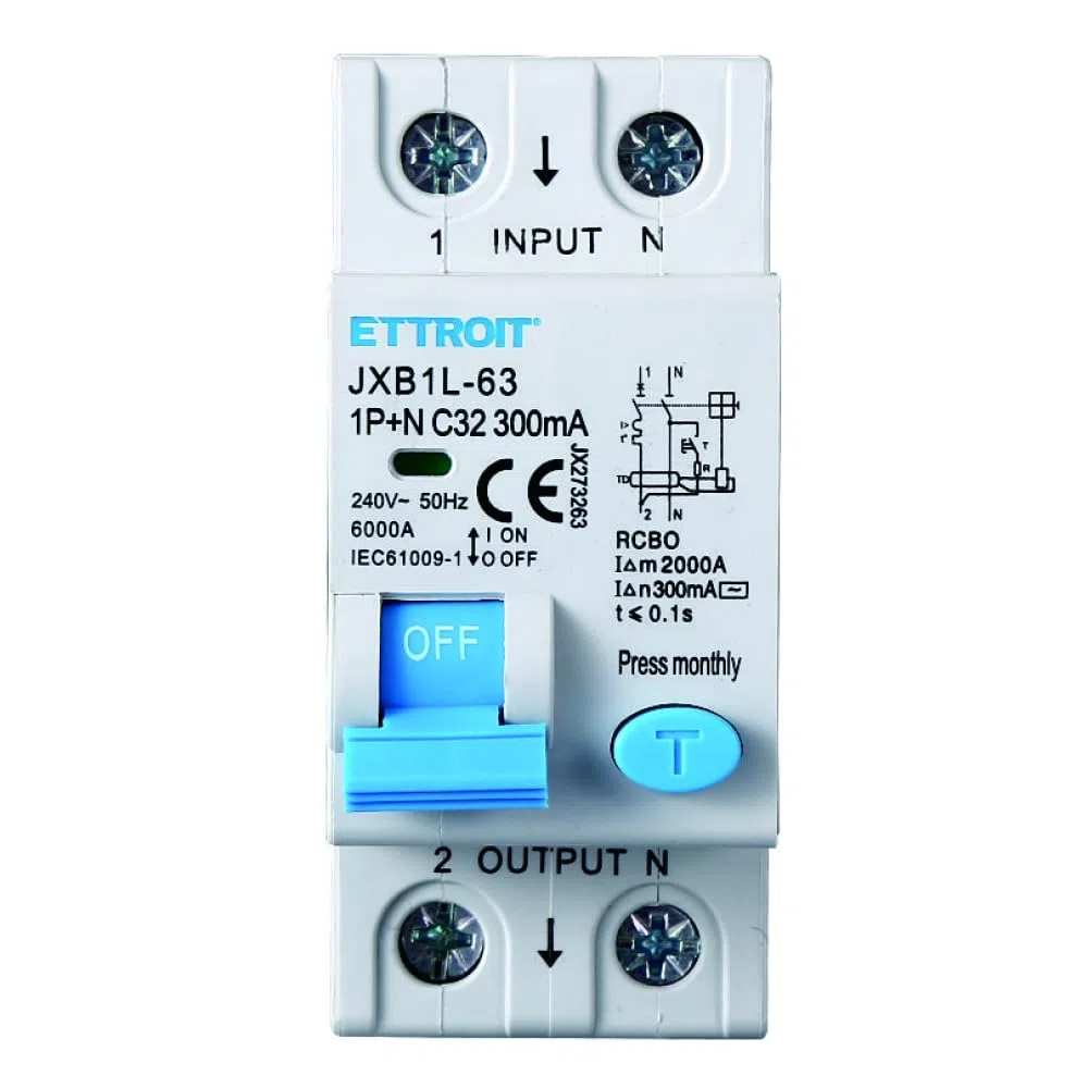 230V 32A C32, INTERRUTTORE MAGNETOTERMICO DIFFERENZIALE SALVAVITA, 1P+N, MONTAGGIO SU BARRA DIN, 2 MODULI, 300mA, 6KA 6000A, RCBO, 240VAC