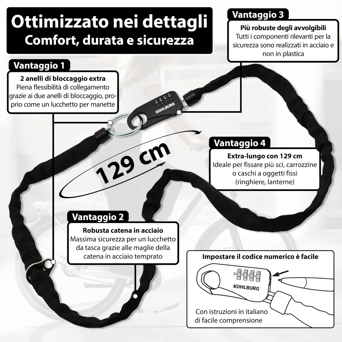 KOHLBURG catena antifurto tascabile e sicura con lucchetto a combinazione numerica – Sicurezza assoluta come lucchetto per passeggini, sci e casco da moto – catena antifurto lunga 129 cm