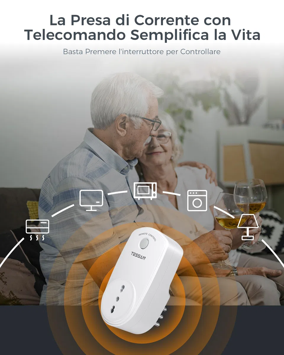 TESSAN Presa Telecomandata con Telecomando, Presa di Corrente Radiocomandata con portata di 25 metri, PreProgrammato Wireless Interruttore Spine Italiana 10A Adatto Interno