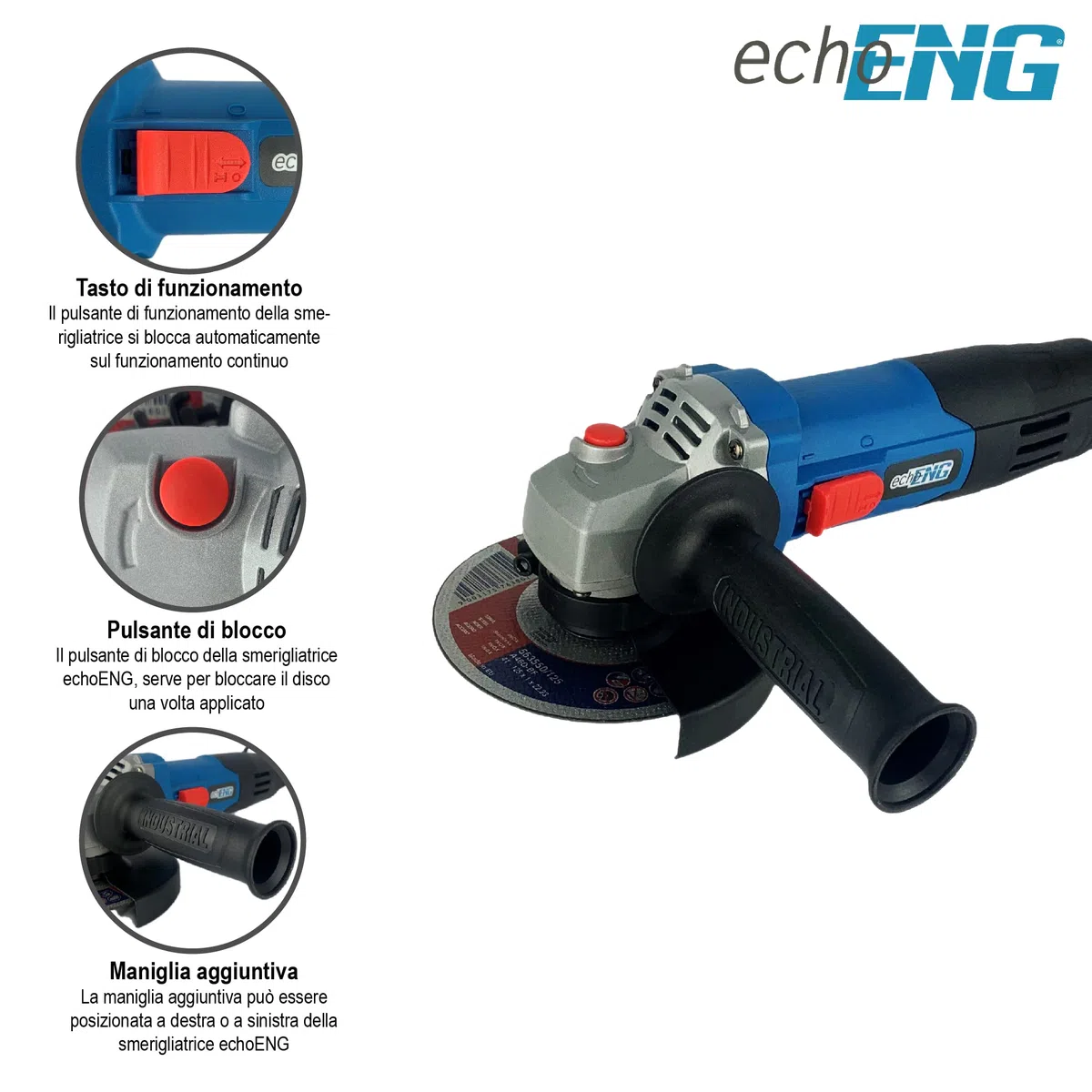ENG PRO Smerigliatrice Angolare Elettrica con Disco da 125 mm potenza 800 WATT Impugnatura aggiuntiva, professionale, velocità 11000 r.p.m - UM ET SA12