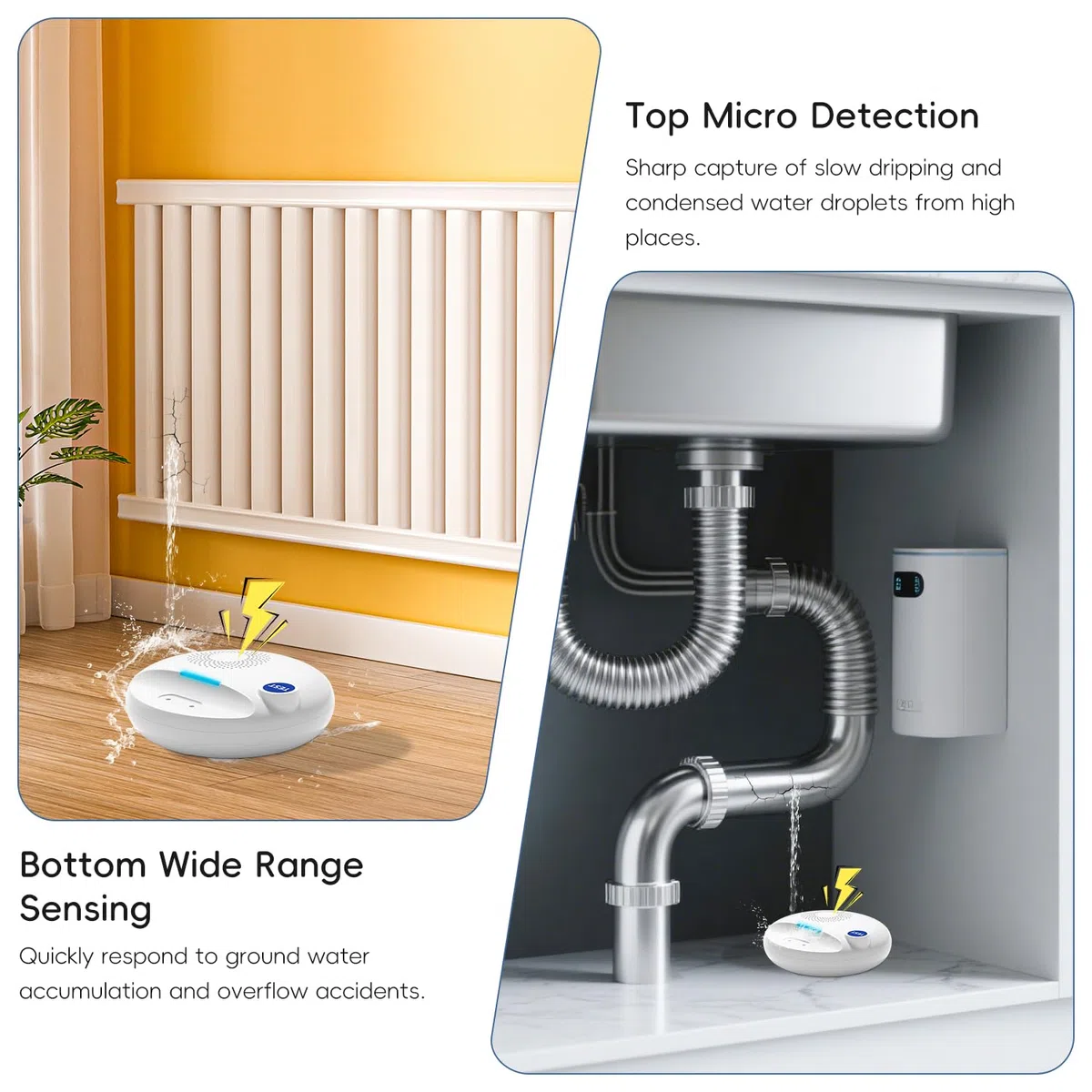 Yasorn Rilevatore di Perdite d'Acqua WiFi, Allarme Acustico da 100 dB e Avvisi in Tempo Reale Tramite App, Sensore Intelligente Impermeabile IP67 per Cucina, Casa, Bagno
