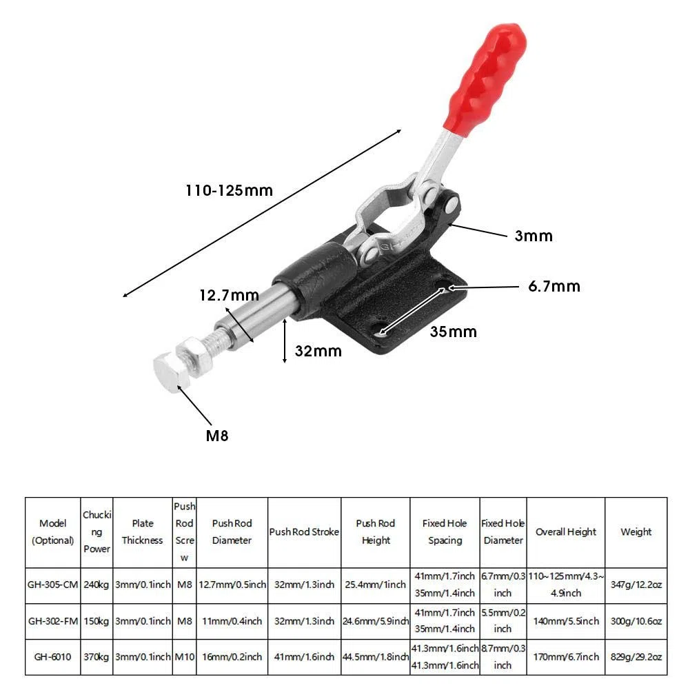 Akozon Morsetti a Ginocchiera Toggle Clamp Ferro zincato Quick Fix Toggle Clamp Holding Fermo Spingere Action Tool mano 370KG(GH-305-CM)