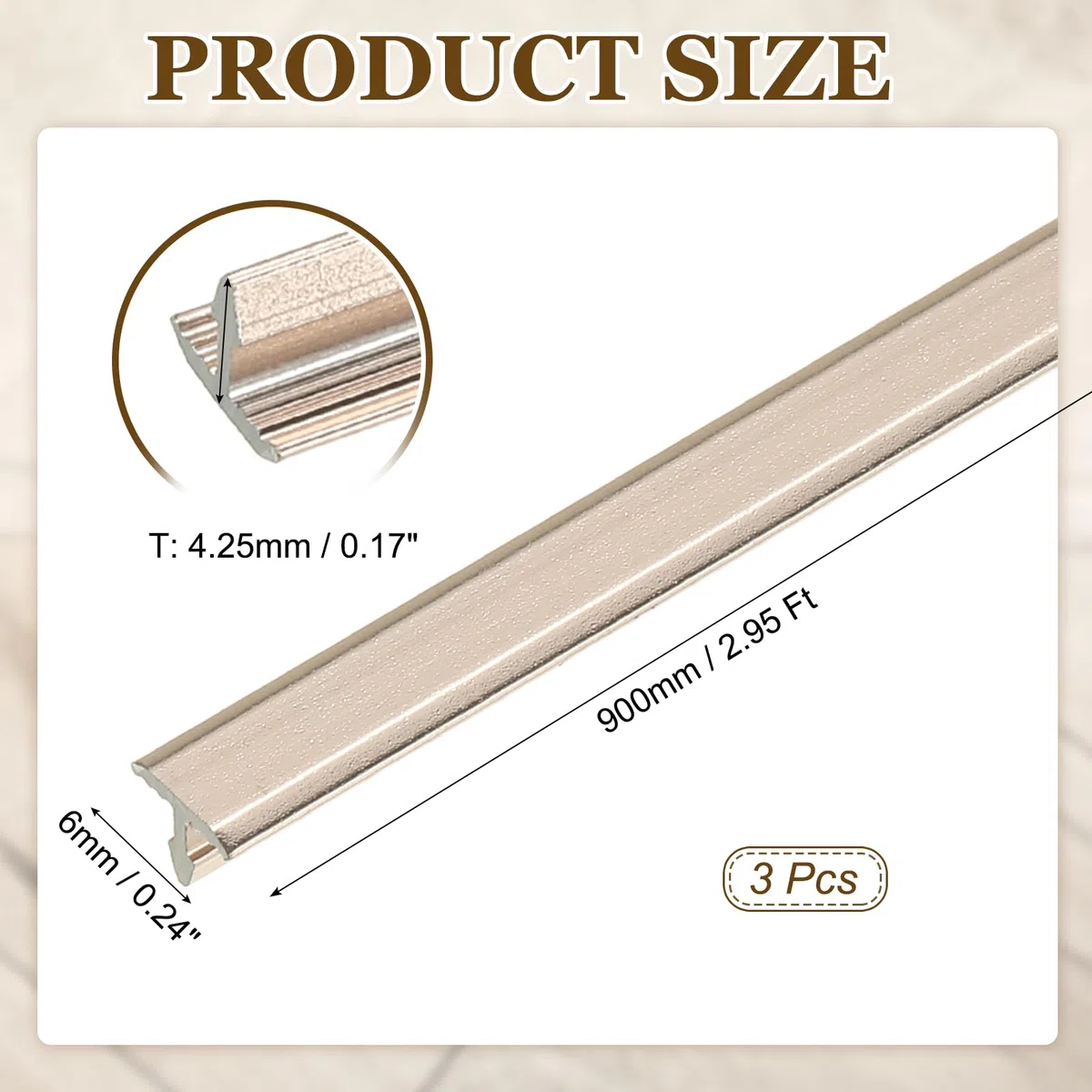 QUARKZMAN 3 Pezzi Profili Di Transizione A T 9m x 6mm (L x A) Profili Divisori Piatti In Lega Di Alluminio Per Pavimenti In Vinile Bordo Per Interruzioni Di Porte Marrone Chiaro Opaco