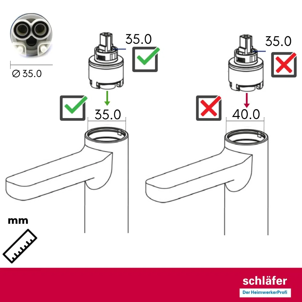 Schläfer 4800135 | Cartuccia Ricambio Miscelatore 35mm con regolazione Cartuccia Kerox in Ceramica Alta con 2 Piedini per Rubinetti Monocomando Lavabo, Bidet, Doccia, Vasca, Lavello del Bagno e Cucina