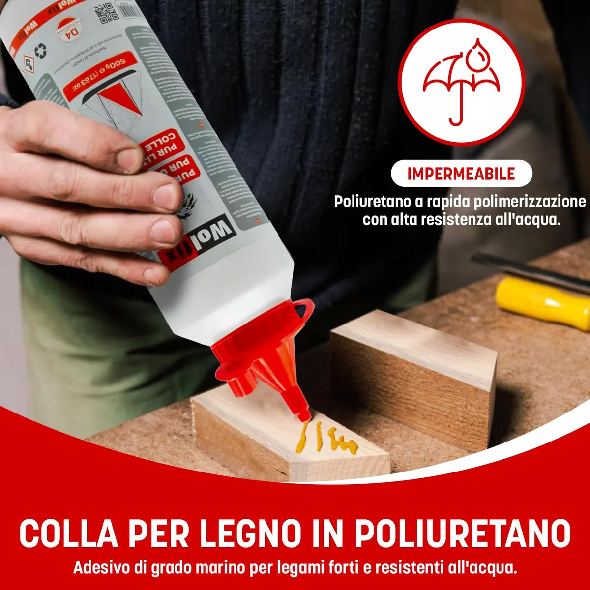Wolfix Colla per Legno Impermeabile D4 500g - Colla Extra Forte per Legno, Metallo e PUR - Colla per PVC, Colla da Montaggio, Colla per Artigianato e Colla Liquida - Stucco per Legno a Rapida