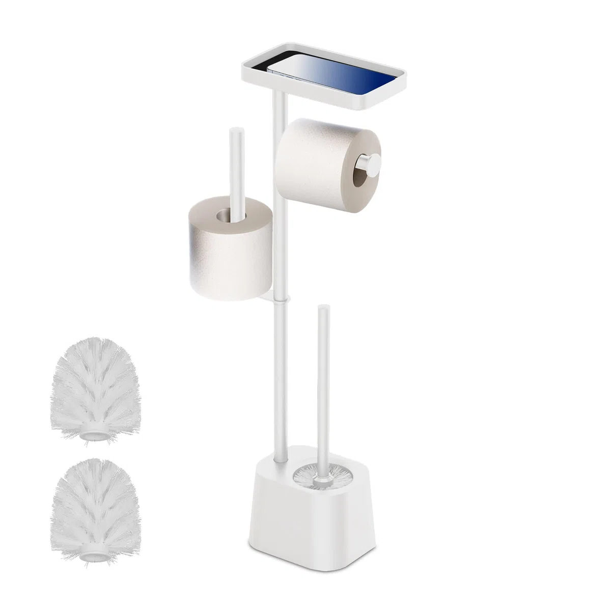 Relaxdays Piantana Portarotolo e Portascopino da Bagno, Porta Rotoli Carta Igienica, 65,5x29x11,5 cm, Acciaio, Bianco