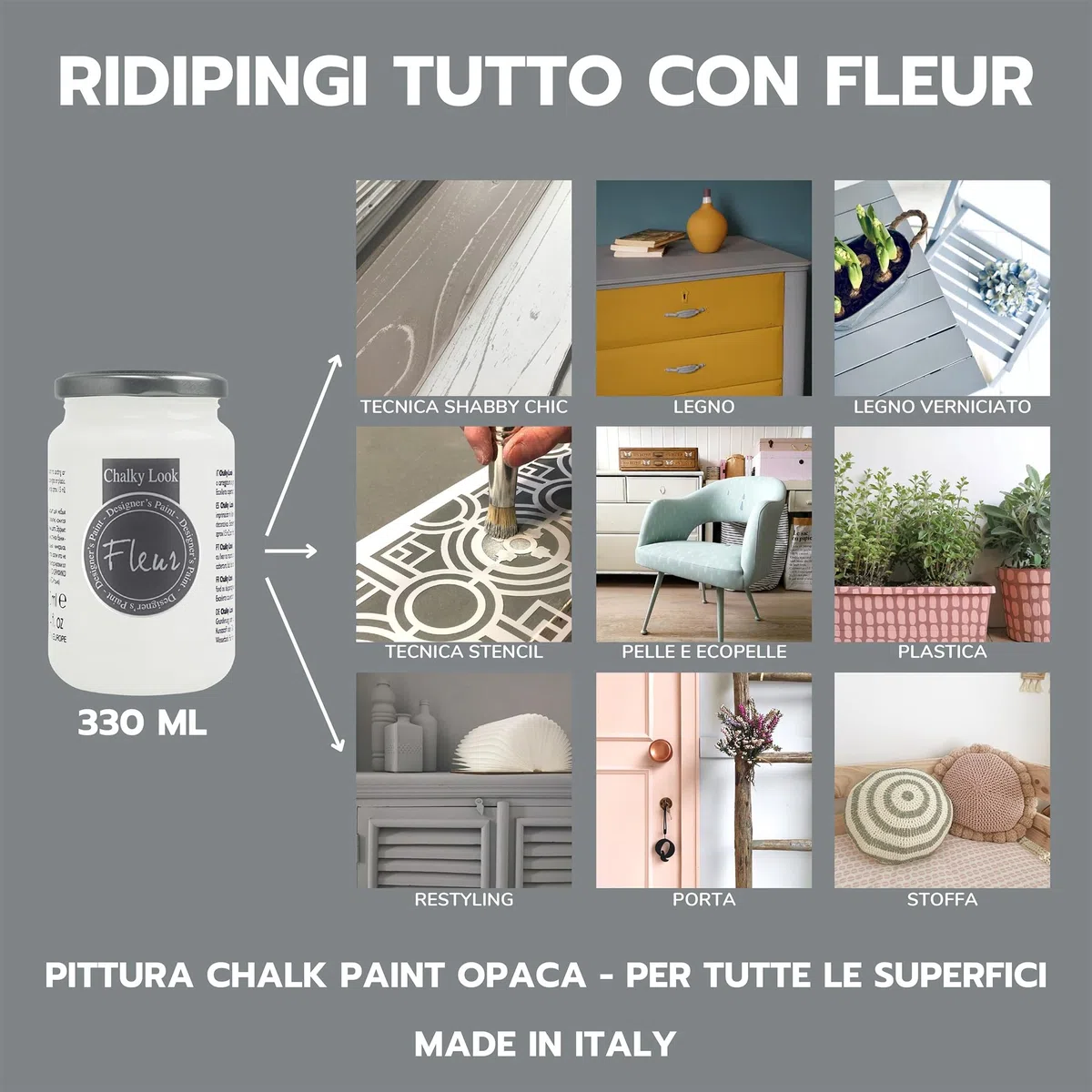 FLEUR DESIGNER'S PAINT | Pittura ad Acqua, Effetto Gesso Naturale, Extra Opaca, Fleur Chalky F77, Colore Black, Made in Italy, Formato da 330 ml